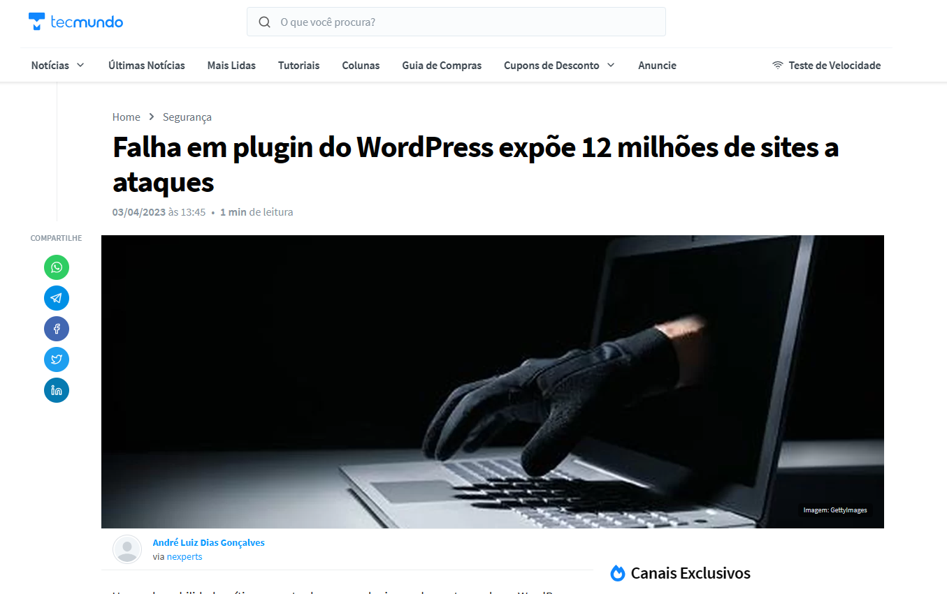 Notícia publicada no site Tecmundo, sobre uma das falhas de segurança do WordPress.